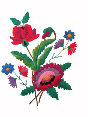 embroidered beautiful flowers in a bouquet on a white background