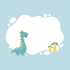 Dinosaur. Vector illustration of a dino with a blot frame in simple cartoon hand-drawn style. Template for your text or photo. Ideal for cards, invitations, party, kindergarten, preschool
