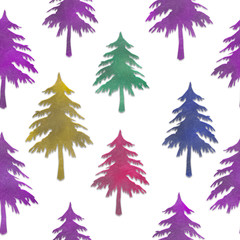 Seamless pattern texture of color pink and green, yellow, red, blue carved Christmas fir trees isolated on a white background