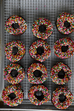 Chocolate doughnuts with sprinkles