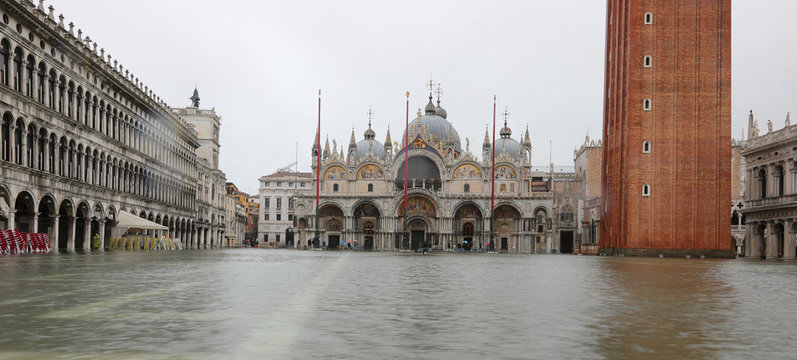 Sea Inside Saint Mark Square In Venice In Italy  During The Reco