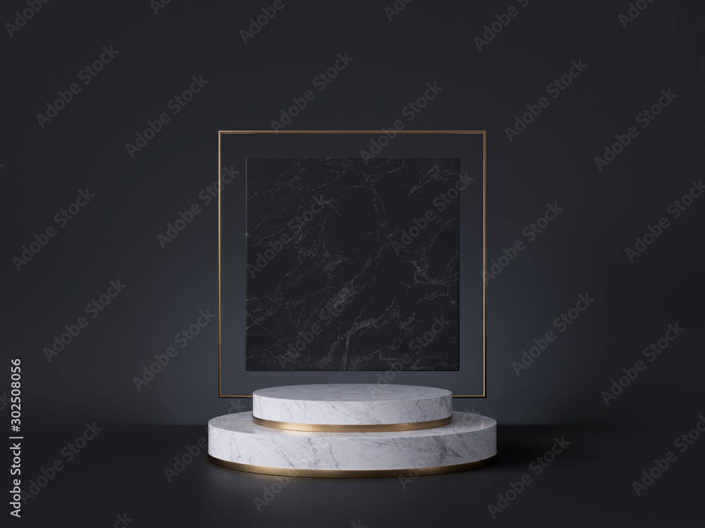 Wall mural 3d render of white marble pedestal isolated on black background, art deco square gold frame, cylinde