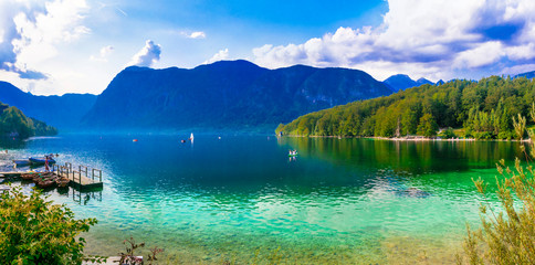 Idyllic nature scenery - beautiful magic lake Bohinj in Slovenia, Triglav National Park
