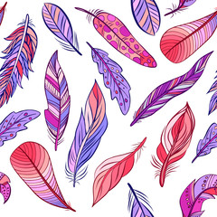 Fototapeta premium Seamless pattern of colorful bird feathers isolated on white. Vector. Creative bohemia concept for cards, tickets, congratulations, branding, print of textile.