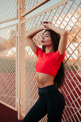 Fototapeta na wymiar Beautiful fitness woman in sportswear posing near grid.