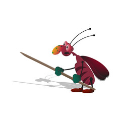 funny cartoon thin cockroach armed with a toothpick. Isolated illustration on a white background with a shadow.