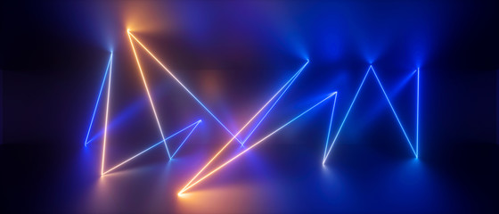 3d abstract neon geometric background, trajectory path glowing in ultraviolet light, speed of light, chaotic lines, blue yellow laser rays - obrazy, fototapety, plakaty