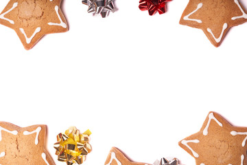 Christmas ginger cookies and decoration on white background, top view. Winter Christmas sweet food
