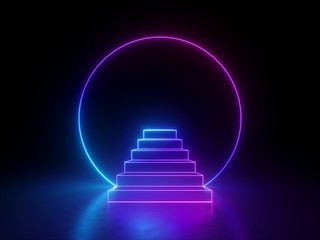 3d abstract neon ring and steps isolated on black background, ultraviolet spectrum, glowing pink blue light, blank frame with copy space