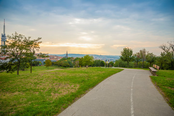 Beautiful sunset view on Prague from Parukarka park, Czech republic