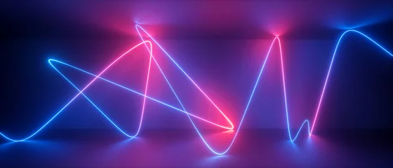 Fotobehang 3d abstract neon background, chaotic wavy line, trajectory path glowing in ultraviolet light, violet blue red laser rays © wacomka