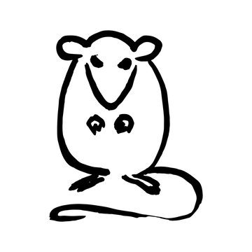 Rat sitting up, vector handmade ink drawing, sumi-e style. Original art. Symbol of the Oriental new year of the rat. Chinese zodiac sign. Element for your design.