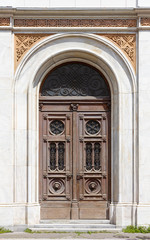 Entrance of the Assumption of Mary Church in Celje, Slovenia