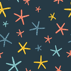 Fototapeta na wymiar Starfish pattern. Vector seamless background with funny sea character in a simple cartoon Scandinavian style on a dark background. Limited colorful palette perfect for printing
