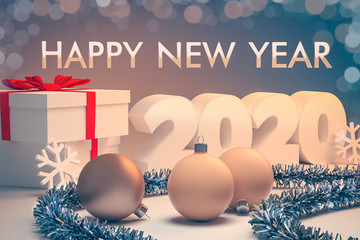 happy new year merry christmas card with balls and snowflakes - 3d illustration