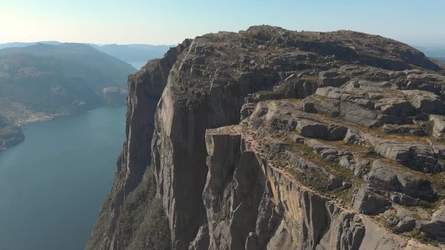 drone view of sunny Preikestolen cliff, Stavanger, Norway