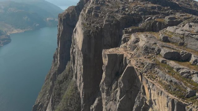 drone view of sunny Preikestolen, Stavanger, Norway