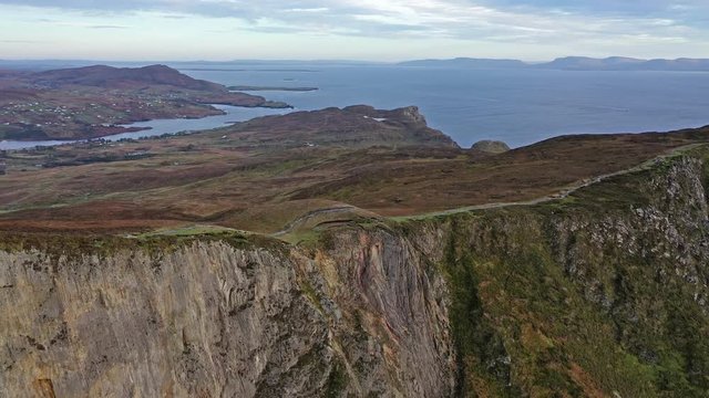 Aerial of Slieve League Cliffs are among the highest sea cliffs in Europe rising 1972 feet or 601 meters above the Atlantic Ocean - County Donegal, Ireland