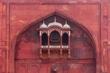 Exterior and interior of Masjid e Jahan Numa (World-reflecting Mosque), commonly known as the Jama Masjid of Delhi, one of the largest mosques in India