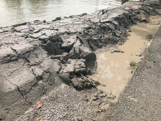 dirt on ground after BackHoe Excavator Machine digging canal at Thailand