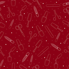 Seamless manicure set pattern. Nail file, buff, nail polish with a brush, open and closed scissors. Isolated. Design for banner, flyer, poster or print, websites, web design, mobile app.