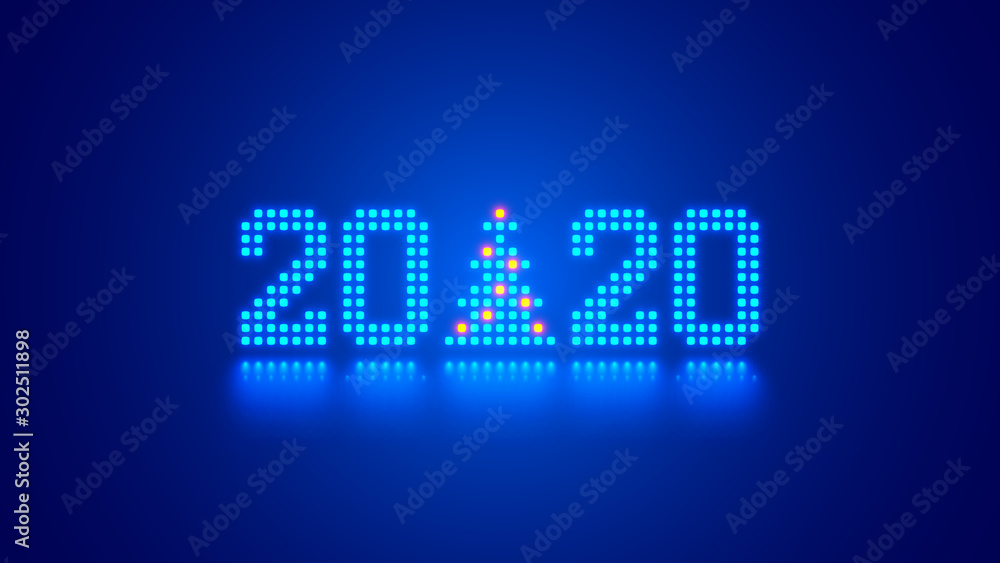 Poster Hanging 2020 number year or digits and Christmas tree consisting blue shining neon square pixels with reflection. Xmas New Year background. Digital computer technology conceptual christmas banner.