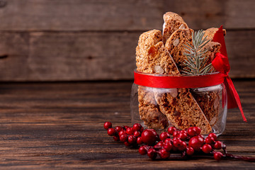 Traditional italian Christmas New Year dry cookies biscuits biscotti cantuccini in glass bowl on...