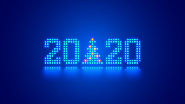 Hanging 2020 number year or digits and Christmas tree consisting blue shining neon square pixels with reflection. Xmas New Year background. Digital computer technology conceptual christmas banner.