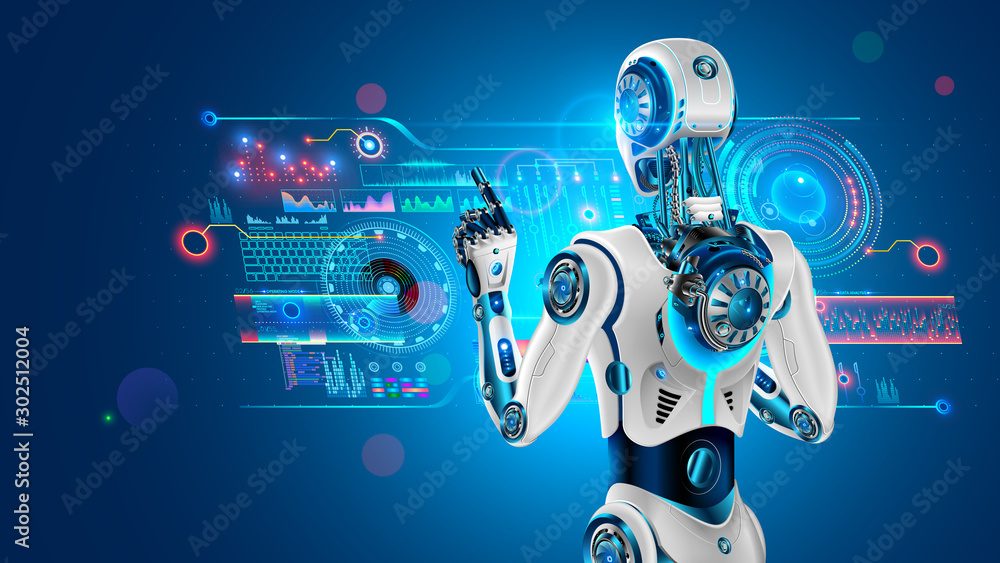 Poster Robot with AI stands with back to viewer and works with industrial 3d virtual interface. Cyborg rear view taps finger on button holographic touch screen. Artificial intelligence looks at monitor.