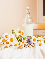 Simply stylish wooden kitchen with bottle of milk and glass on table, summer flowers camomile, healthy foog moring concept close up