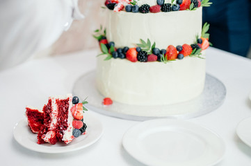 Delicious beautiful dessert. White tiered cake with fresh strawberries and blackberries. Sliced piece of cake