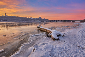 sunset over the river Dnieper on winter