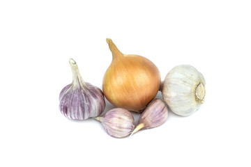 Fresh onion and garlic isolated on white background