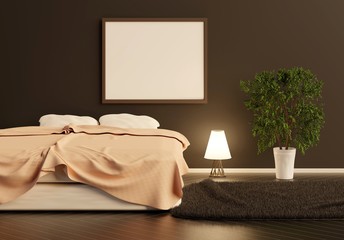 An empty frame in the bedroom with a wide bed. Large indoor plant on the floor. Photo template. 3D rendering. 3D illustration.
