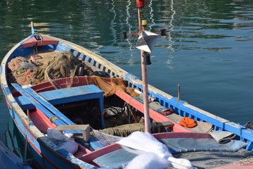 Nautical images and Backgrounds, fishing harbour in Alanya Turkey with nets, boats, anchors, rope...