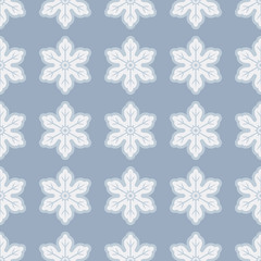 Minimal snowflakes seamless pattern. geometric snowflake on blue background.