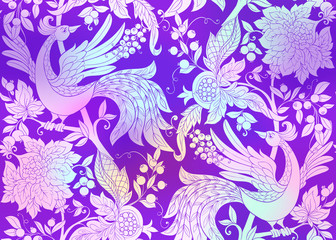 Fantasy floral seamless pattern with bird in jacobean embroidery style, vintage, old, retro style. Vector illustration in bright pink, purplecolors.