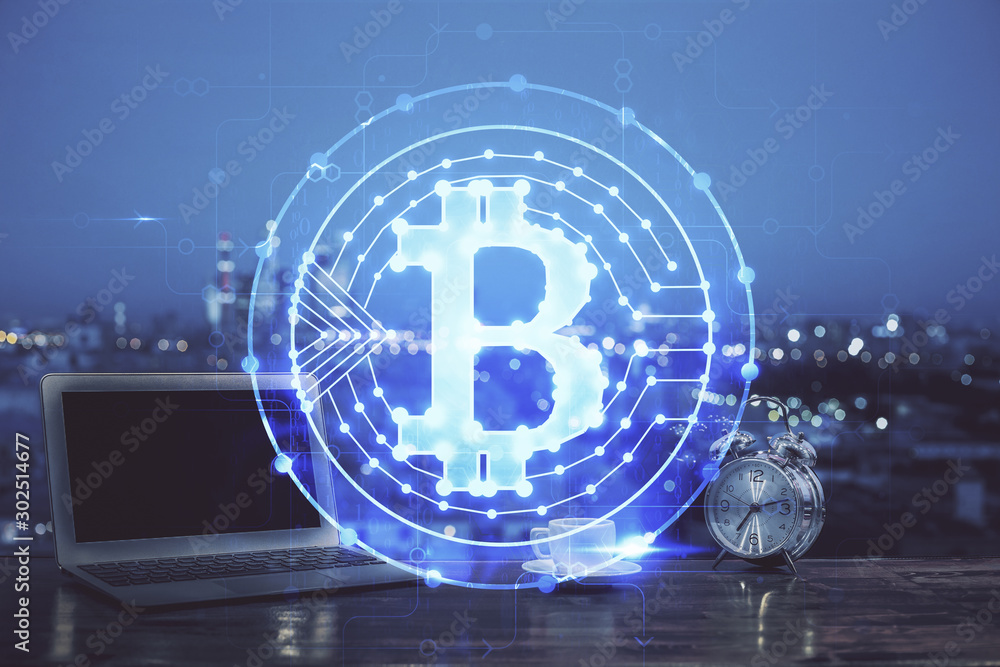 Wall mural multi exposure of blockchain theme hologram and table with computer background. concept of bitcoin c