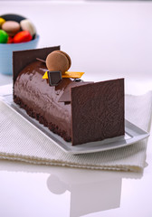 Christmas chocolate bouche de noel with macaron