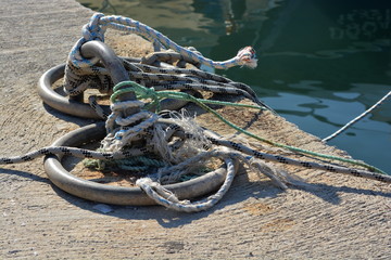 Nautical images and Backgrounds, fishing harbour in Alanya Turkey with nets, boats, anchors, rope...