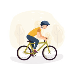 Teenager boy ride a bicycle in the park. Children and teenager outdoor activity concept. Flat vector illustration.