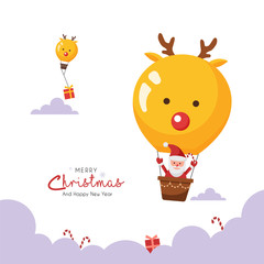 Christmas cute greeting card with santa and reindeer air balloon