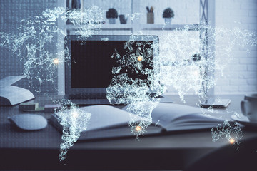 Computer on desktop with social network theme icon. Multi exposure. Concept of international connections.