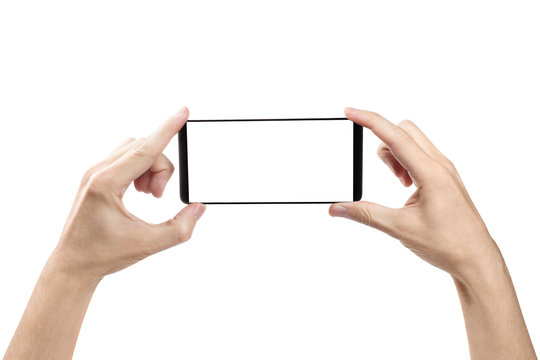 Two hands holding a black smartphone, isolated on white background