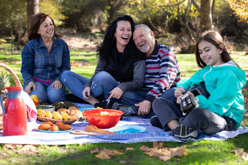 A multi generation family at the picnic with guitar