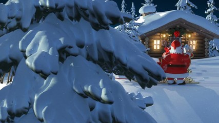 Santa Claus with Reindeer Goes on the Way from House of Santa and Flies Against the Moon. Beautiful 3d Animation with Writing Merry Christmas and Happy New Year Texts on a Green, Full HD - Powered by Adobe