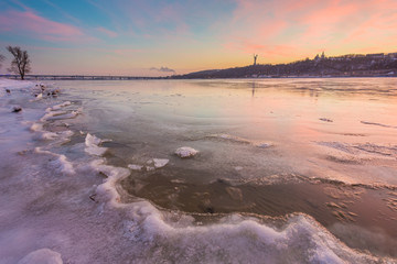 sunset over the river Dnieper on winter