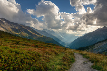 Evening and morning view of the town of Chamonix and Mount Mont Blanc.	