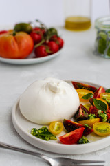 Salad with italian burrata cheese, fresh ripe tomatoes and basil