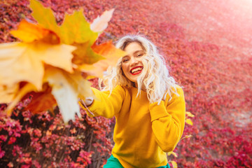Naklejka na ściany i meble Portrait of cheerful young woman with autumn leafs in front of foliage making selfie